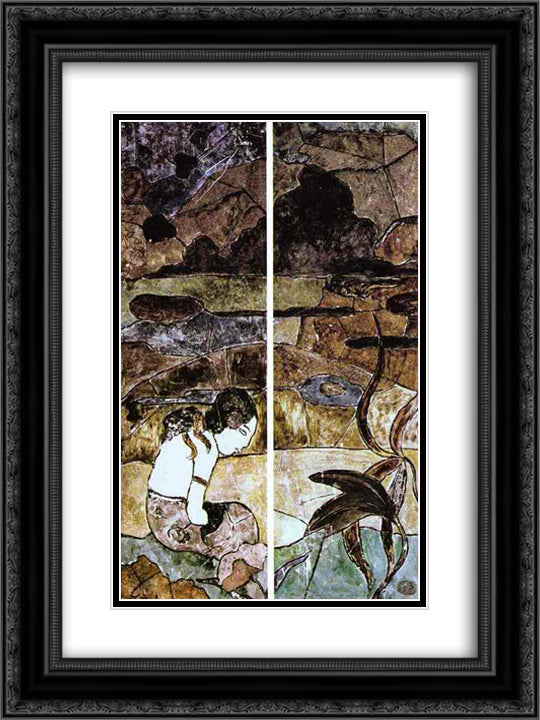 Tahitian Woman in a Landscape 18x24 Black Ornate Wood Framed Art Print Poster with Double Matting by Gauguin, Paul
