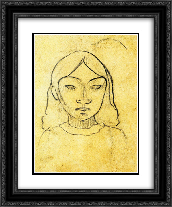 Tahitian woman's head 20x24 Black Ornate Wood Framed Art Print Poster with Double Matting by Gauguin, Paul