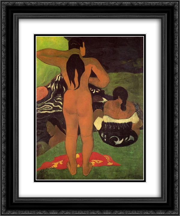 Tahitian women on the beach 20x24 Black Ornate Wood Framed Art Print Poster with Double Matting by Gauguin, Paul