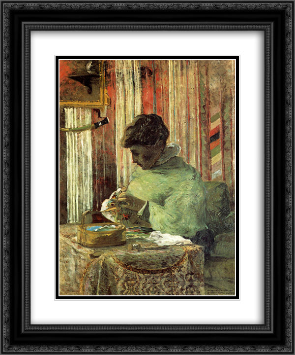 The embroiderer or Mette Gauguin 20x24 Black Ornate Wood Framed Art Print Poster with Double Matting by Gauguin, Paul