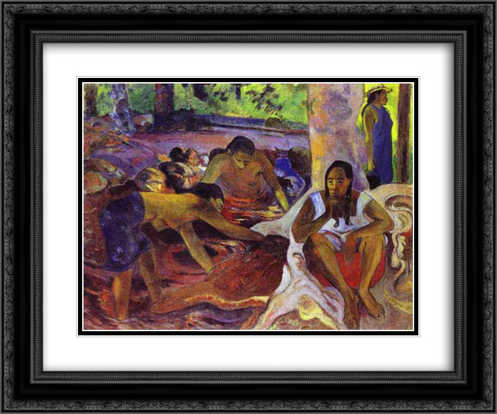 The fisherwomen of Tahiti 24x20 Black Ornate Wood Framed Art Print Poster with Double Matting by Gauguin, Paul