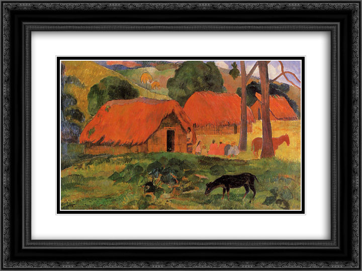 The Three Huts 24x18 Black Ornate Wood Framed Art Print Poster with Double Matting by Gauguin, Paul