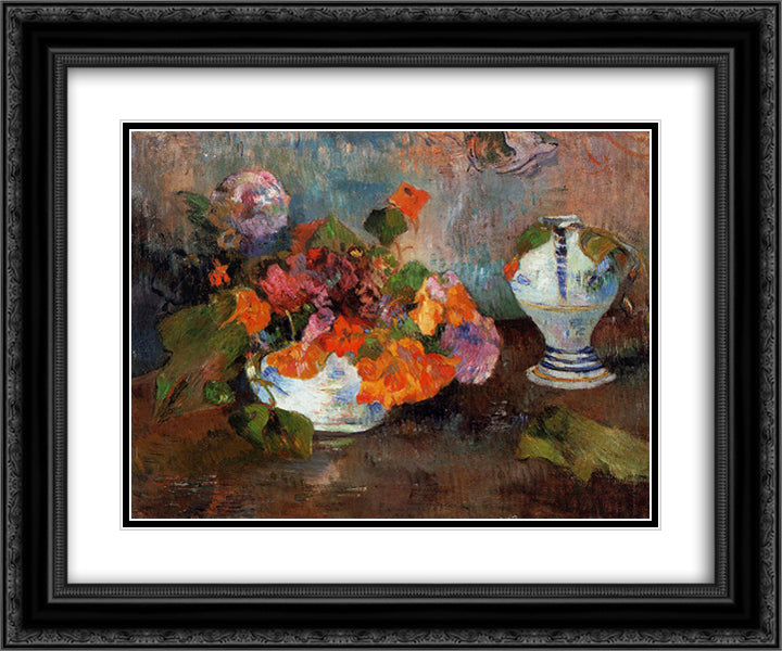 The vase of nasturtiums 24x20 Black Ornate Wood Framed Art Print Poster with Double Matting by Gauguin, Paul