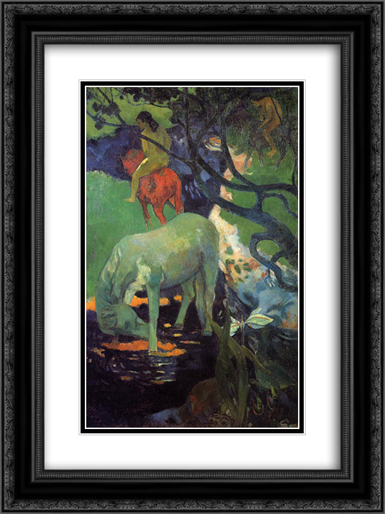 The White Horse 18x24 Black Ornate Wood Framed Art Print Poster with Double Matting by Gauguin, Paul