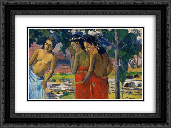 Three Tahitian Women 24x18 Black Ornate Wood Framed Art Print Poster with Double Matting by Gauguin, Paul
