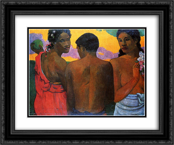 Three Tahitians 24x20 Black Ornate Wood Framed Art Print Poster with Double Matting by Gauguin, Paul