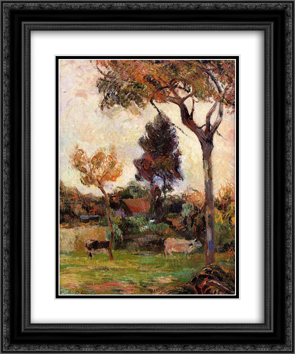 Two cows in the meadow 20x24 Black Ornate Wood Framed Art Print Poster with Double Matting by Gauguin, Paul