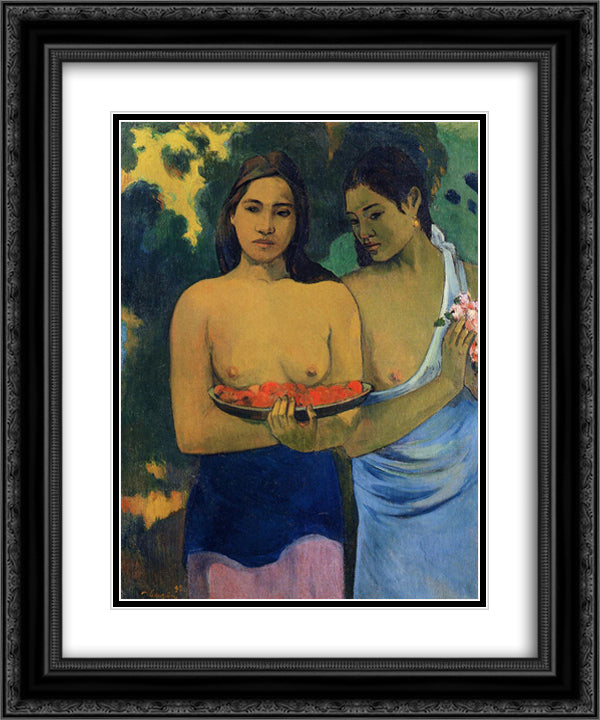 Two tahitian women 20x24 Black Ornate Wood Framed Art Print Poster with Double Matting by Gauguin, Paul