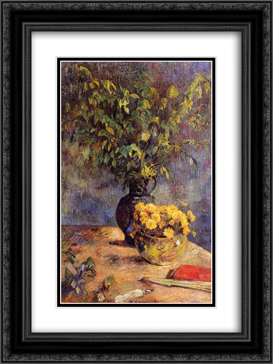 Two vases of flowers and a fan 18x24 Black Ornate Wood Framed Art Print Poster with Double Matting by Gauguin, Paul