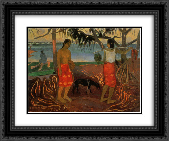 Under the Pandanus 24x20 Black Ornate Wood Framed Art Print Poster with Double Matting by Gauguin, Paul
