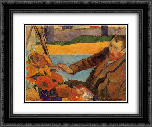 Van Gogh Painting Sunflowers 24x20 Black Ornate Wood Framed Art Print Poster with Double Matting by Gauguin, Paul