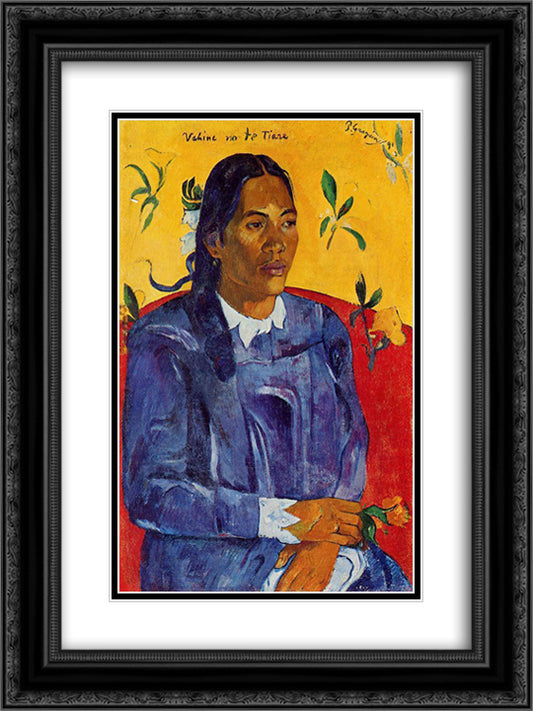 Woman with a Flower 18x24 Black Ornate Wood Framed Art Print Poster with Double Matting by Gauguin, Paul