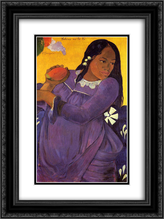 Woman with a Mango 18x24 Black Ornate Wood Framed Art Print Poster with Double Matting by Gauguin, Paul