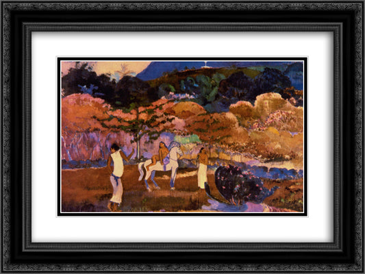 Women and white horse 24x18 Black Ornate Wood Framed Art Print Poster with Double Matting by Gauguin, Paul