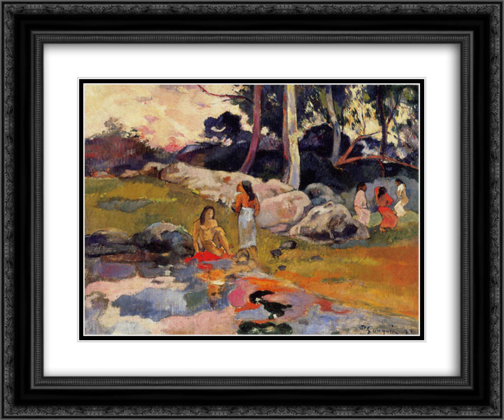 Women at the banks of river 24x20 Black Ornate Wood Framed Art Print Poster with Double Matting by Gauguin, Paul
