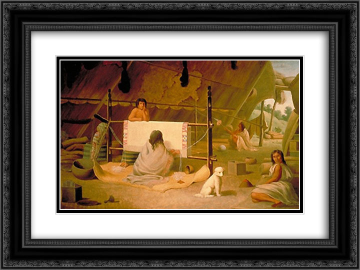 Clallum Women weaving up an blanket 24x18 Black Ornate Wood Framed Art Print Poster with Double Matting by Kane, Paul
