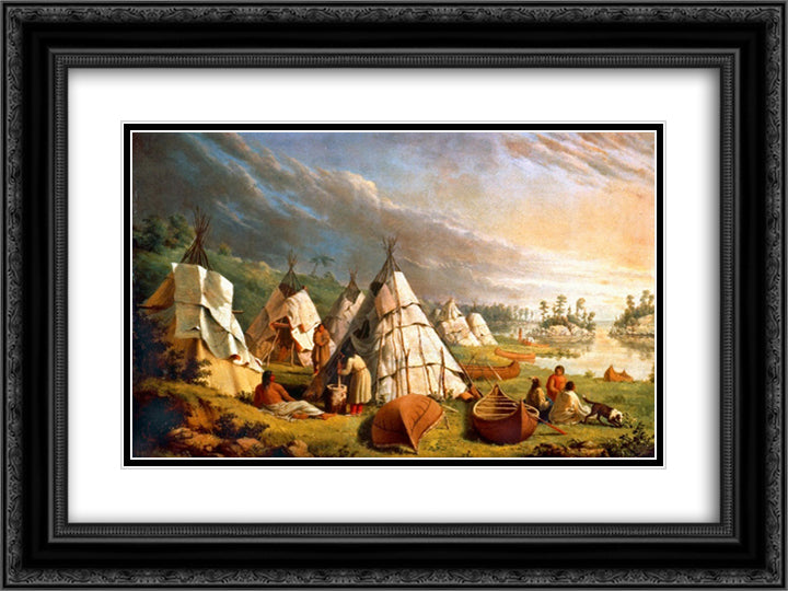Native American encampment 24x18 Black Ornate Wood Framed Art Print Poster with Double Matting by Kane, Paul