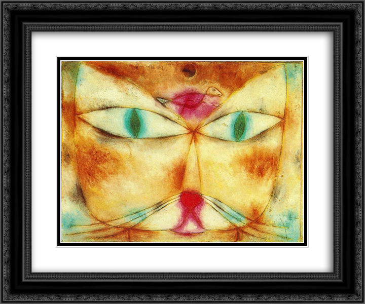 Cat and Bird 24x20 Black Ornate Wood Framed Art Print Poster with Double Matting by Klee, Paul