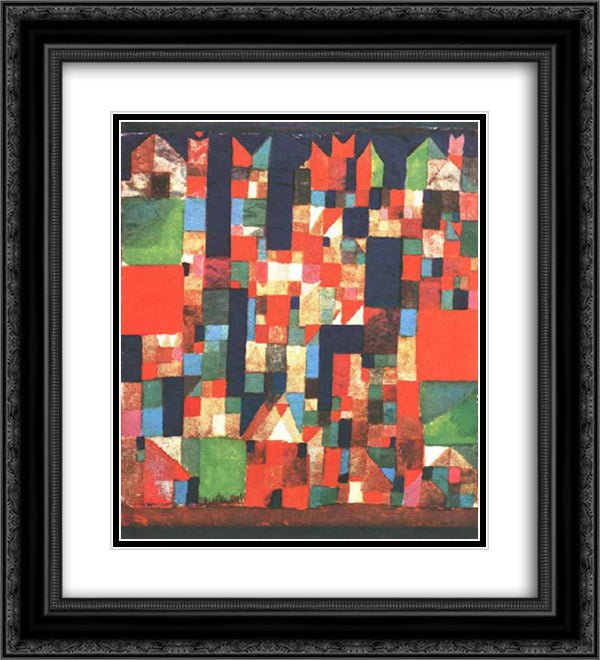 City Picture with Red and Green Accents 20x22 Black Ornate Wood Framed Art Print Poster with Double Matting by Klee, Paul