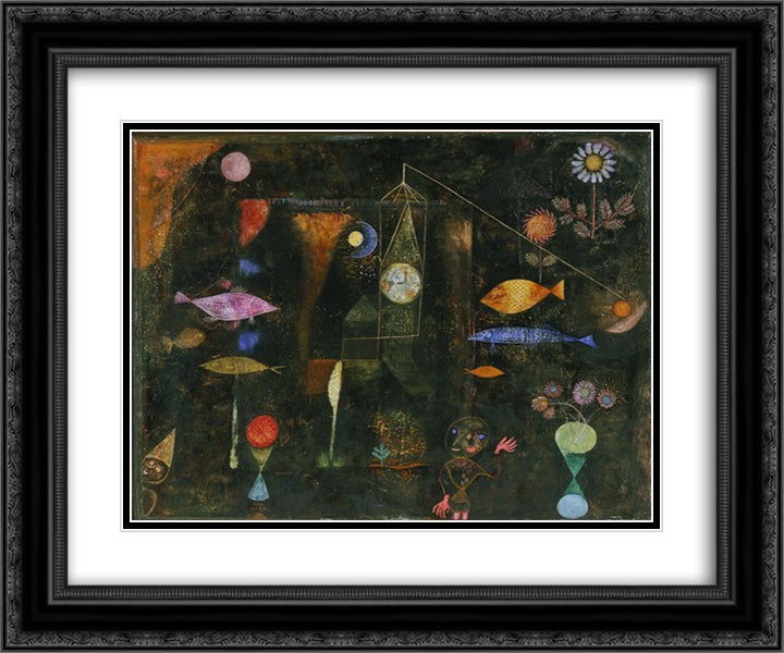 Fish Magic 24x20 Black Ornate Wood Framed Art Print Poster with Double Matting by Klee, Paul