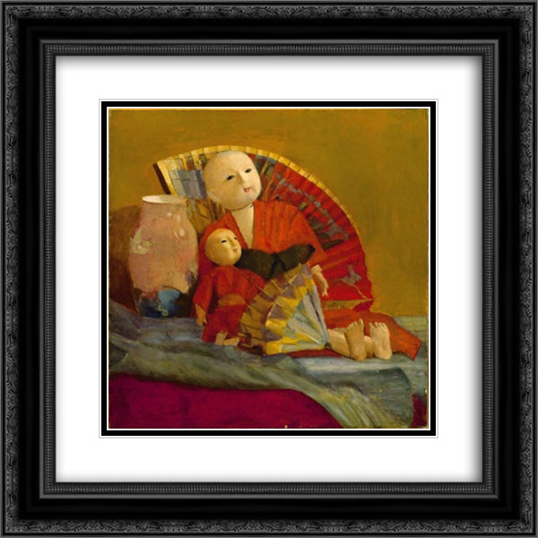 Japanese Dolls and Fan 20x20 Black Ornate Wood Framed Art Print Poster with Double Matting by Peel, Paul