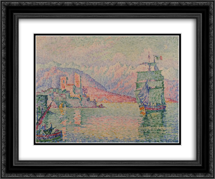 Antibes, Evening 24x20 Black Ornate Wood Framed Art Print Poster with Double Matting by Signac, Paul