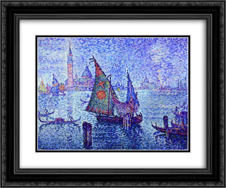 La Voile verte 24x20 Black Ornate Wood Framed Art Print Poster with Double Matting by Signac, Paul