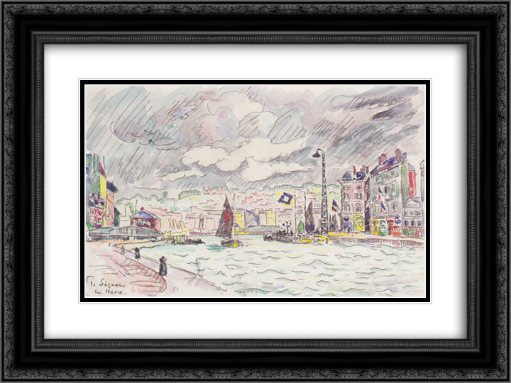 Le Havre with rain clouds 24x18 Black Ornate Wood Framed Art Print Poster with Double Matting by Signac, Paul
