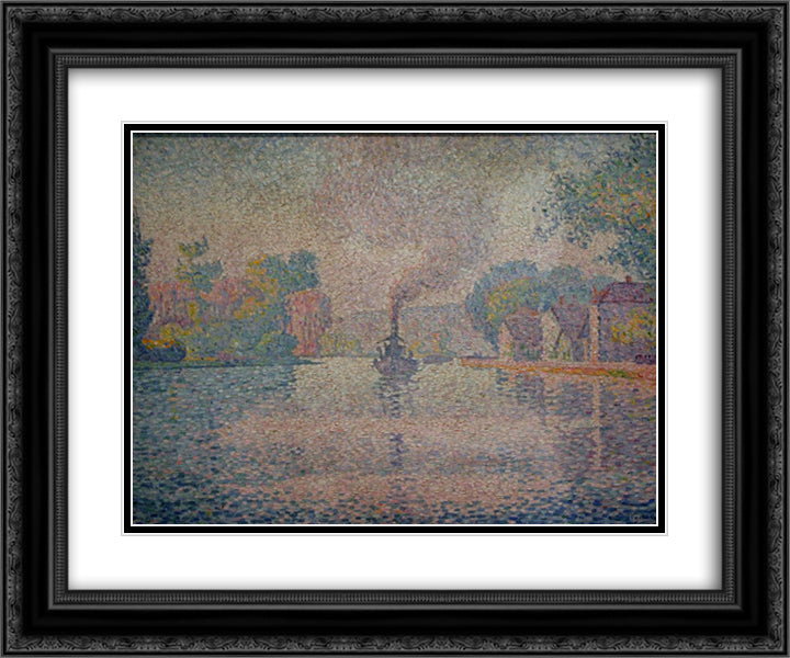 L'Hirondelle Steamer on the Seine 24x20 Black Ornate Wood Framed Art Print Poster with Double Matting by Signac, Paul