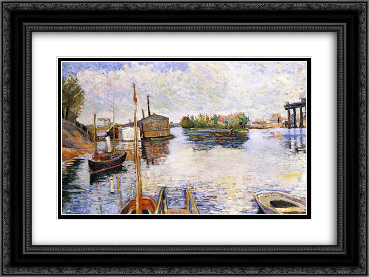 Paris, Ponton des Bains Bailet 24x18 Black Ornate Wood Framed Art Print Poster with Double Matting by Signac, Paul