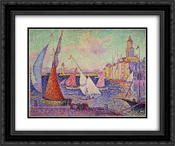 Port of Saint Tropez 24x20 Black Ornate Wood Framed Art Print Poster with Double Matting by Signac, Paul