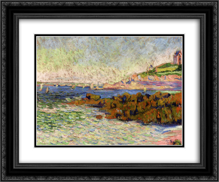Saint Briac, the marker Le Cheval 24x20 Black Ornate Wood Framed Art Print Poster with Double Matting by Signac, Paul