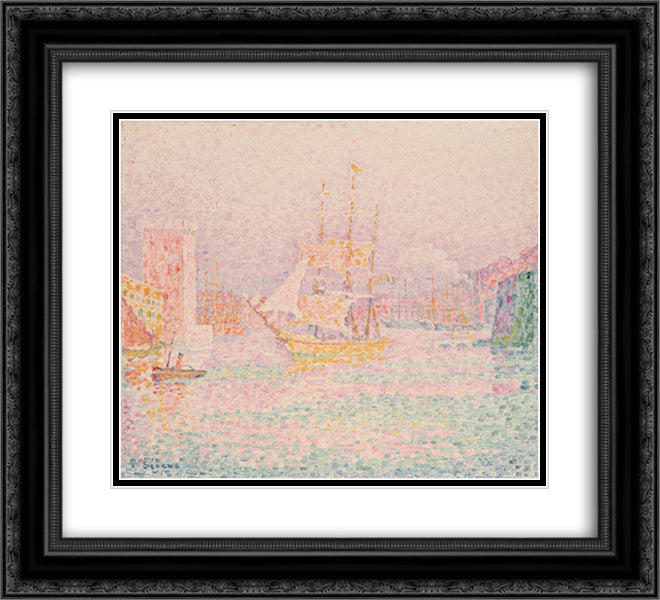 The Harbour at Marseilles 22x20 Black Ornate Wood Framed Art Print Poster with Double Matting by Signac, Paul