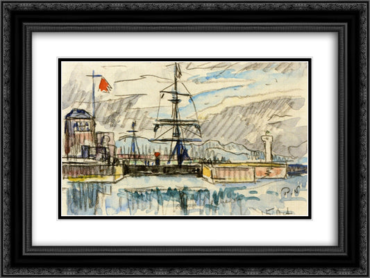 The Jetty 24x18 Black Ornate Wood Framed Art Print Poster with Double Matting by Signac, Paul