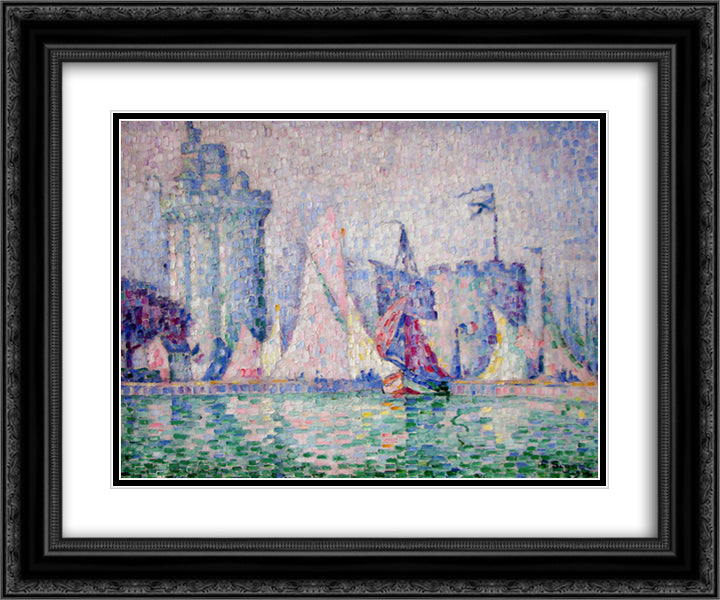 The Port of La Rochelle 24x20 Black Ornate Wood Framed Art Print Poster with Double Matting by Signac, Paul