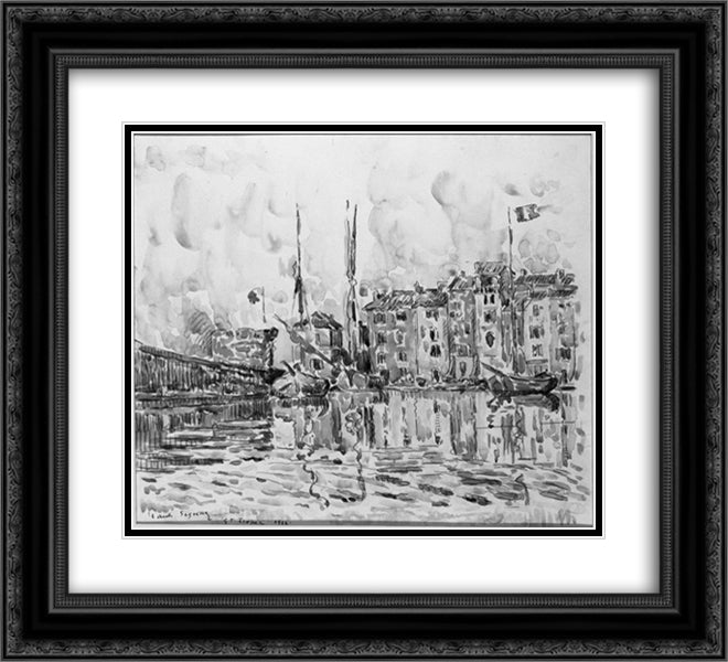 The Port of St. Tropez 22x20 Black Ornate Wood Framed Art Print Poster with Double Matting by Signac, Paul