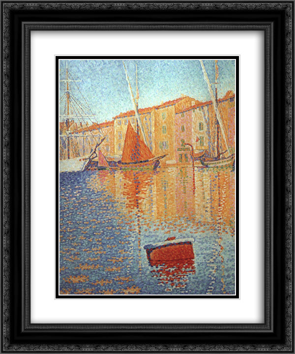 The Red Buoy, Saint Tropez 20x24 Black Ornate Wood Framed Art Print Poster with Double Matting by Signac, Paul