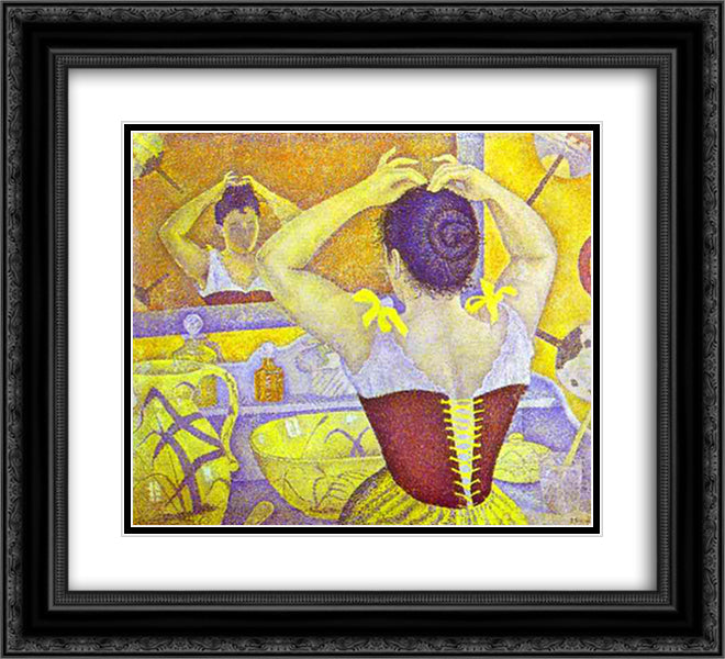 Woman at her toilette wearing a purple corset 22x20 Black Ornate Wood Framed Art Print Poster with Double Matting by Signac, Paul
