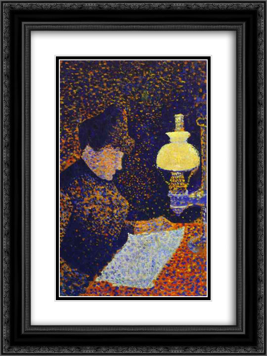 Woman by a lamp 18x24 Black Ornate Wood Framed Art Print Poster with Double Matting by Signac, Paul