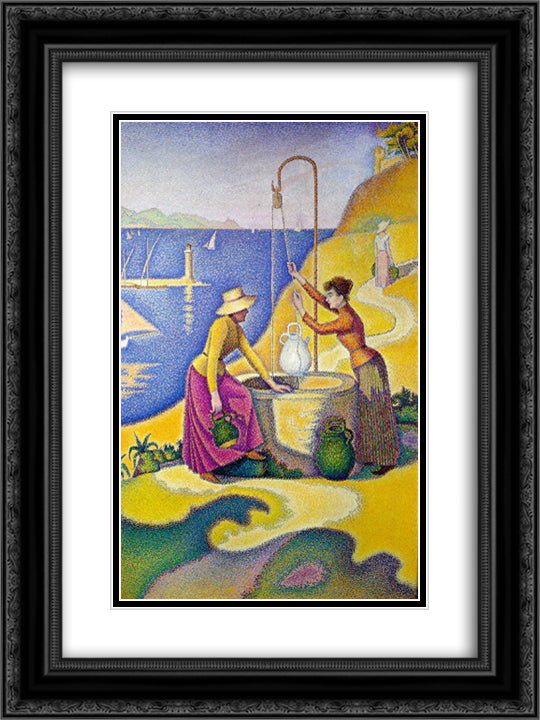Young Women of Provence at the Well 18x24 Black Ornate Wood Framed Art Print Poster with Double Matting by Signac, Paul