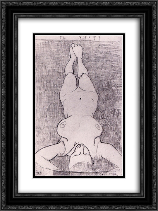 Female nude on the grass 18x24 Black Ornate Wood Framed Art Print Poster with Double Matting by Modersohn Becker, Paula
