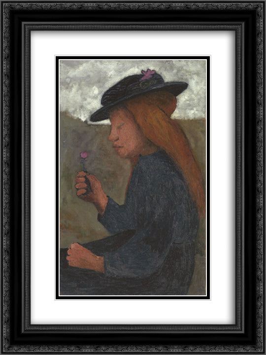 Girl with black hat 18x24 Black Ornate Wood Framed Art Print Poster with Double Matting by Modersohn Becker, Paula