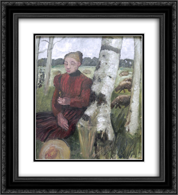 Girls at the birch tree and flock of sheep in the background 20x22 Black Ornate Wood Framed Art Print Poster with Double Matting by Modersohn Becker, Paula