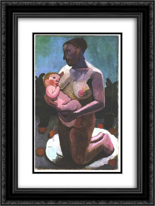 Kneeling breast feeding mother 18x24 Black Ornate Wood Framed Art Print Poster with Double Matting by Modersohn Becker, Paula