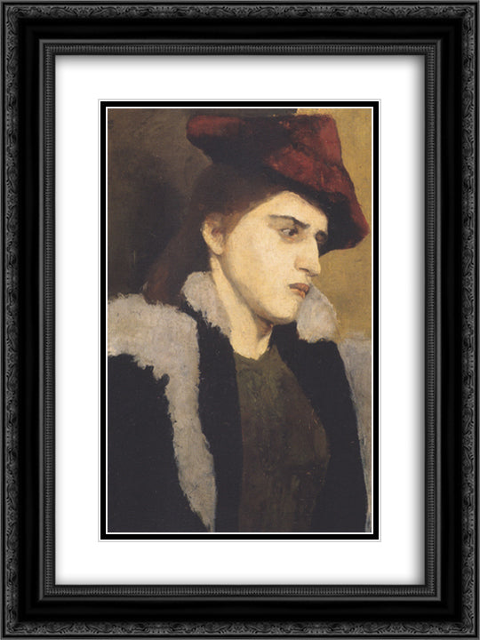 Portrait of a young woman with red hat 18x24 Black Ornate Wood Framed Art Print Poster with Double Matting by Modersohn Becker, Paula