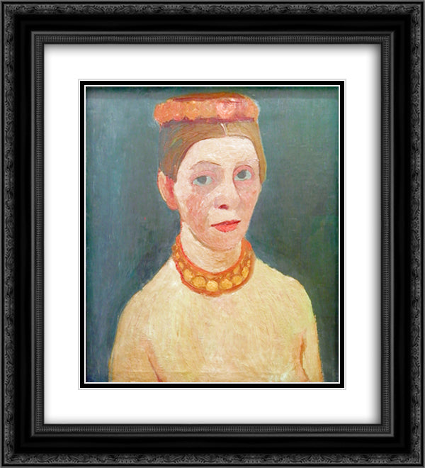 Self portrait with red flower wreath and chain 20x22 Black Ornate Wood Framed Art Print Poster with Double Matting by Modersohn Becker, Paula