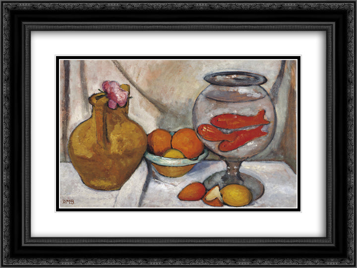 Still life with fish bowl 24x18 Black Ornate Wood Framed Art Print Poster with Double Matting by Modersohn Becker, Paula