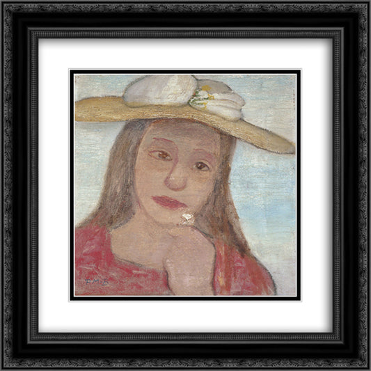 Young Girl With Straw Hat And A Flower In Her Hand 20x20 Black Ornate Wood Framed Art Print Poster with Double Matting by Modersohn Becker, Paula