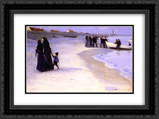 A White Boat at the Shoreline, Late Summer Evening 24x18 Black Ornate Wood Framed Art Print Poster with Double Matting by Kroyer, Peder Severin