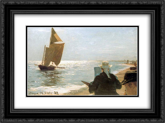 Artists on the Beach 24x18 Black Ornate Wood Framed Art Print Poster with Double Matting by Kroyer, Peder Severin